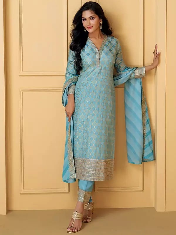 Exotic India Attractive Viscose Weaving And Embroidery Work Festive Wear Kurta With Dupatta 