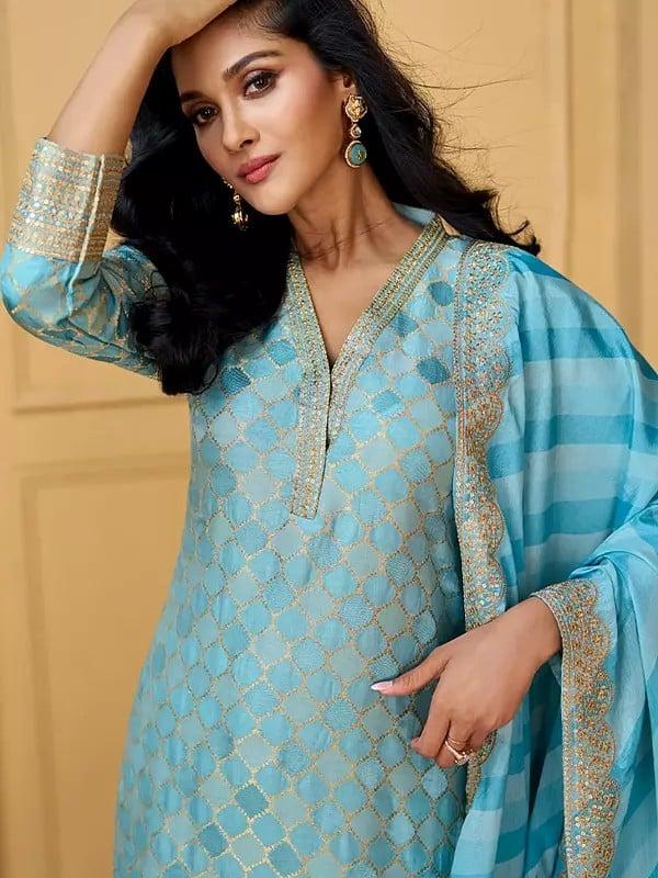 Exotic India Attractive Viscose Weaving And Embroidery Work Festive Wear Kurta With Dupatta 