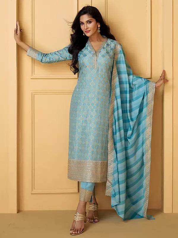 exotic india Attractive Viscose Weaving And Embroidery Work Festive Wear Kurta With Dupatta 