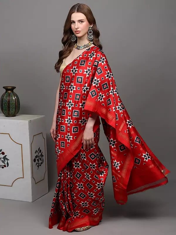 Exotic India Aurora-Red Authentic Double Ikat Saree Hand-woven In Pochampally Village 