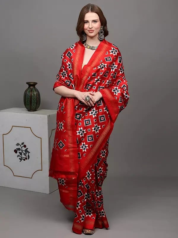 Exotic India Aurora-Red Authentic Double Ikat Saree Hand-woven In Pochampally Village 