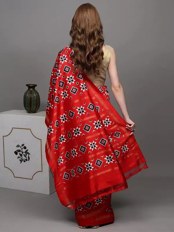 Exotic India Aurora-Red Authentic Double Ikat Saree Hand-woven In Pochampally Village 