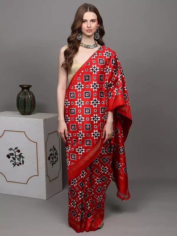 exotic india Aurora-Red Authentic Double Ikat Saree Hand-woven in Pochampally Village 
