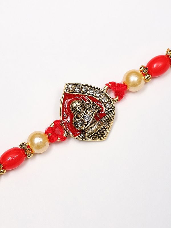 Exotic India Auspicious Shivling Rakhi With Red Thread And Stone-Beads Work 