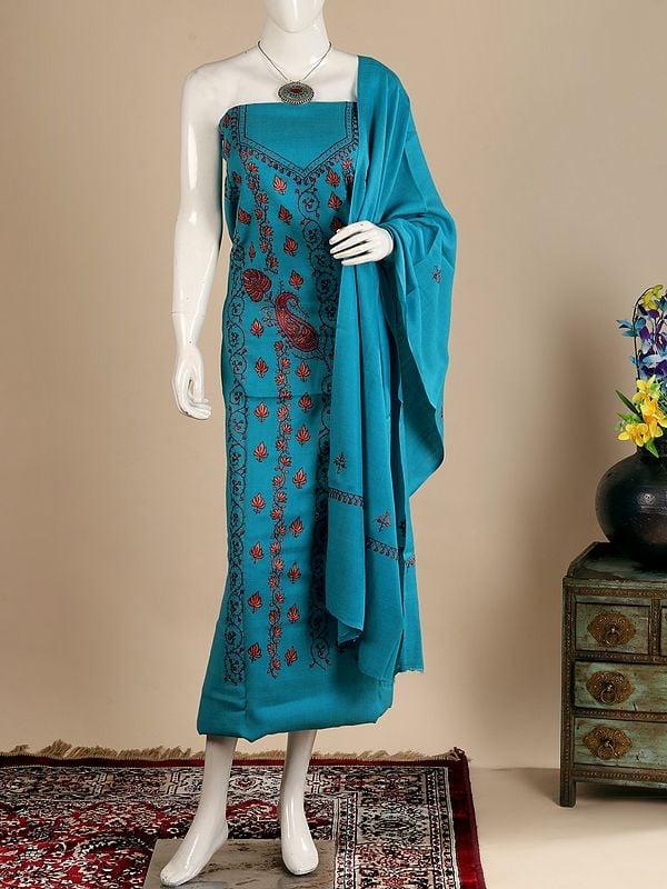 Exotic India Azure-Blue Pure Wool Aari Embroidered Maple Leaf Vine With Paisley Motif Salwar Kameez Fabric 