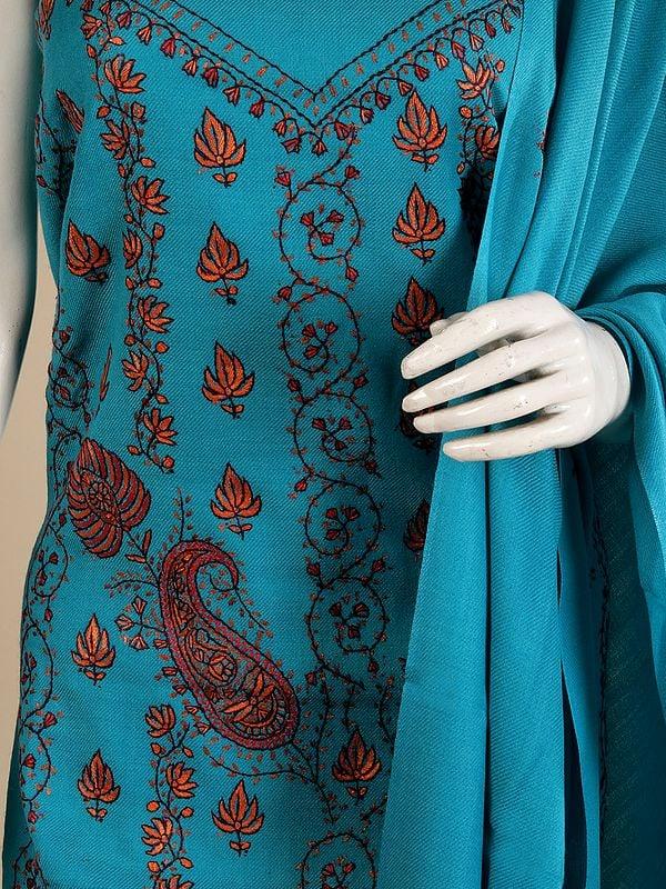 Exotic India Azure-Blue Pure Wool Aari Embroidered Maple Leaf Vine With Paisley Motif Salwar Kameez Fabric 