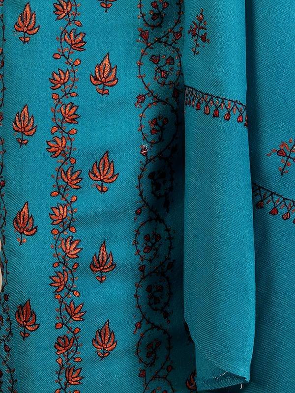 Exotic India Azure-Blue Pure Wool Aari Embroidered Maple Leaf Vine With Paisley Motif Salwar Kameez Fabric 