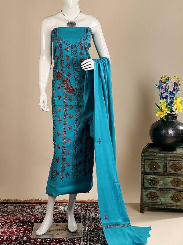 exotic india Azure-Blue Pure Wool Aari Embroidered Maple Leaf Vine with Paisley Motif Salwar Kameez Fabric 