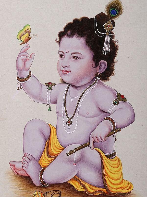 Exotic India Baby Krishna With Butterfly | Watercolor Painting 