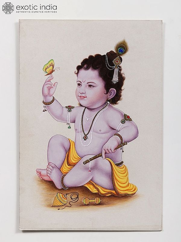 exotic india Baby Krishna with Butterfly | Watercolor Painting 
