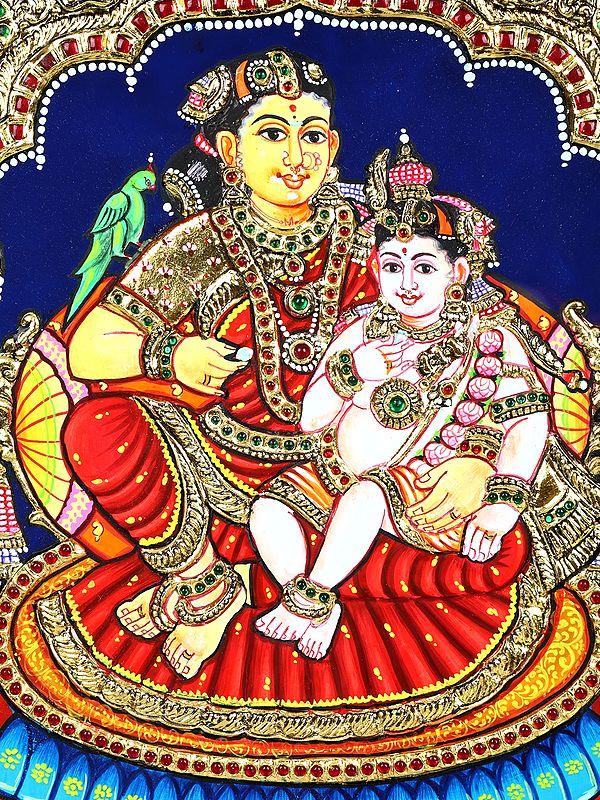 Exotic India Baby Krishna With Mother Yashoda | 24 Karat Gold Work | Framed Tanjore Painting 