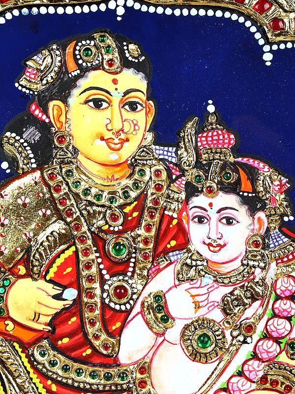 Exotic India Baby Krishna With Mother Yashoda | 24 Karat Gold Work | Framed Tanjore Painting 