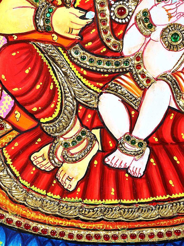 Exotic India Baby Krishna With Mother Yashoda | 24 Karat Gold Work | Framed Tanjore Painting 