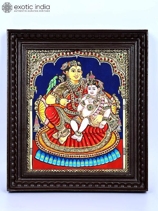 exotic india Baby Krishna with Mother Yashoda | 24 Karat Gold Work | Framed Tanjore Painting 