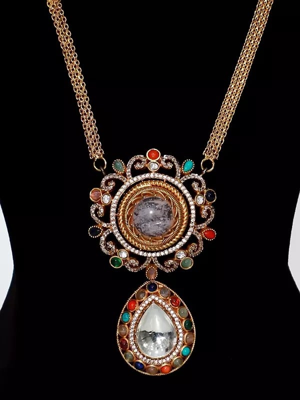 Exotic India Baby-Pink Elegant Stone Studded Long Necklace Set With Earrings