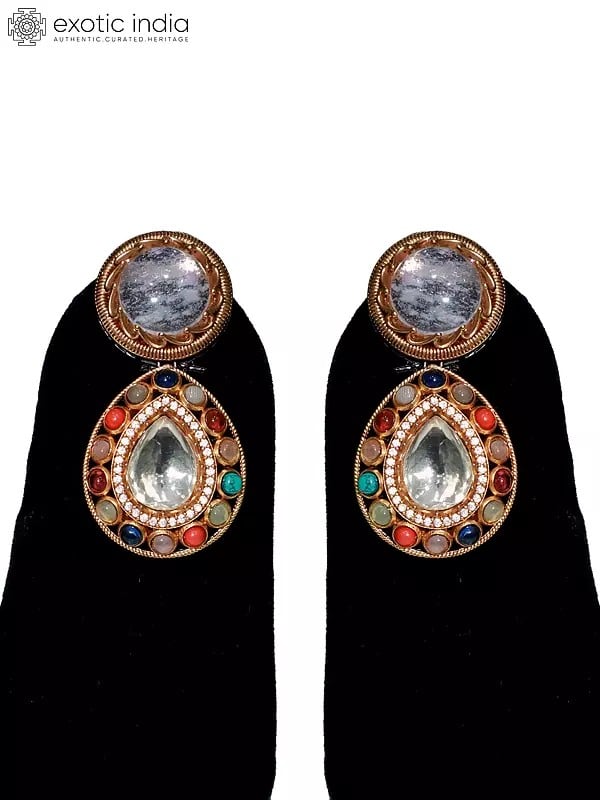Exotic India Baby-Pink Elegant Stone Studded Long Necklace Set With Earrings