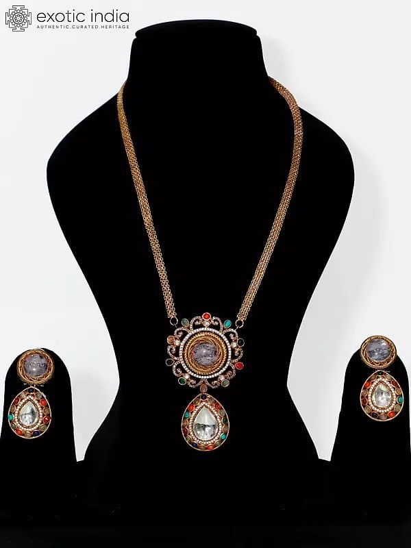 exotic india Baby-Pink Elegant Stone Studded Long Necklace Set With Earrings 