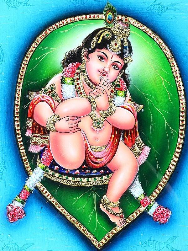 Exotic India Bal Gopal On Pipal Leaf | 24 Karat Gold Work | Framed Tanjore Painting 