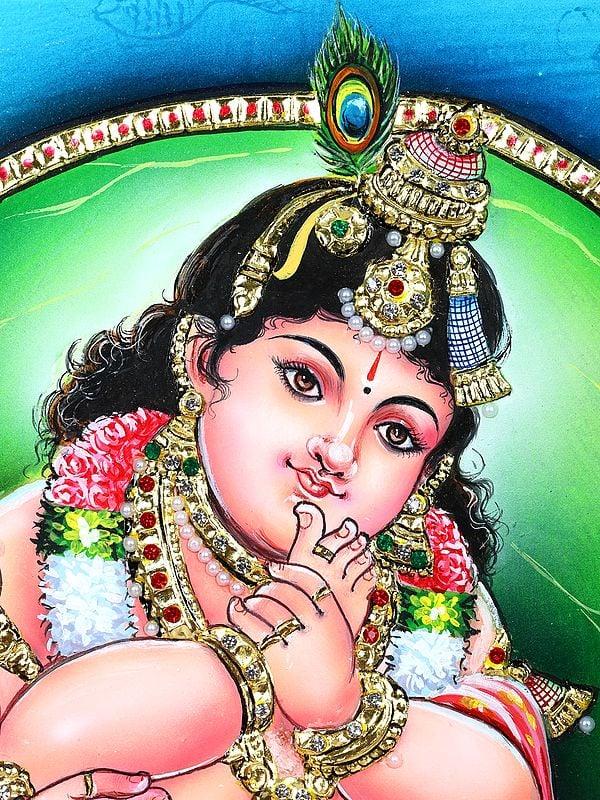 Exotic India Bal Gopal On Pipal Leaf | 24 Karat Gold Work | Framed Tanjore Painting 