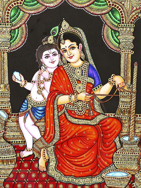 Exotic India Bal Gopal With Yashoda Maiya | 24 Karat Gold Work | Framed Tanjore Painting 