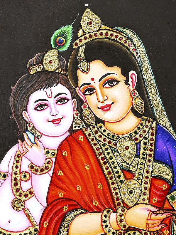 Exotic India Bal Gopal With Yashoda Maiya | 24 Karat Gold Work | Framed Tanjore Painting 