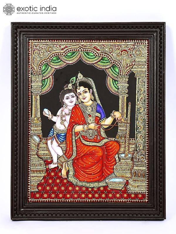 exotic india Bal Gopal with Yashoda Maiya | 24 Karat Gold Work | Framed Tanjore Painting 