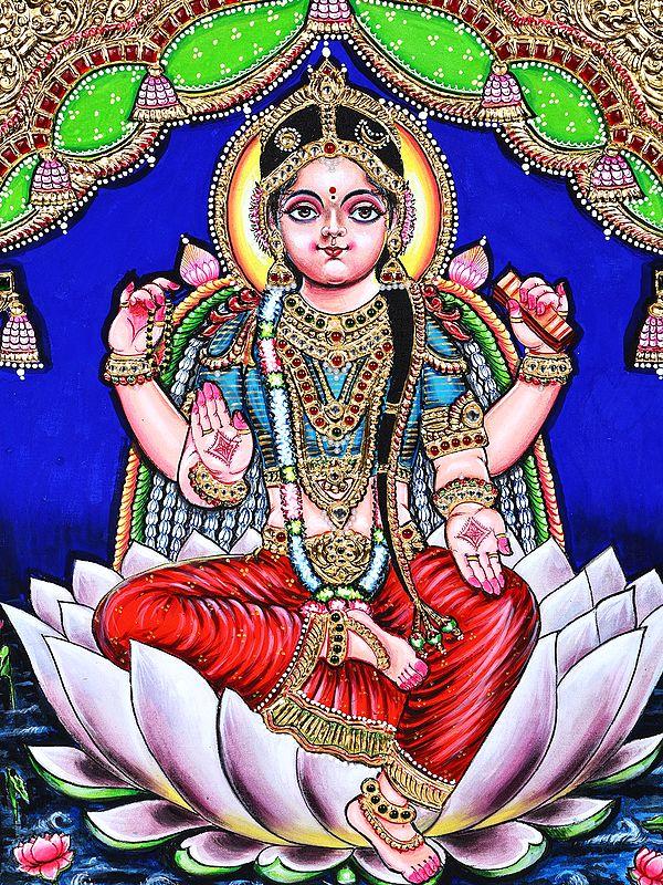 Exotic India Bala Tripura Sundari On Lotus | 24 Karat Gold Work | Tanjore Painting