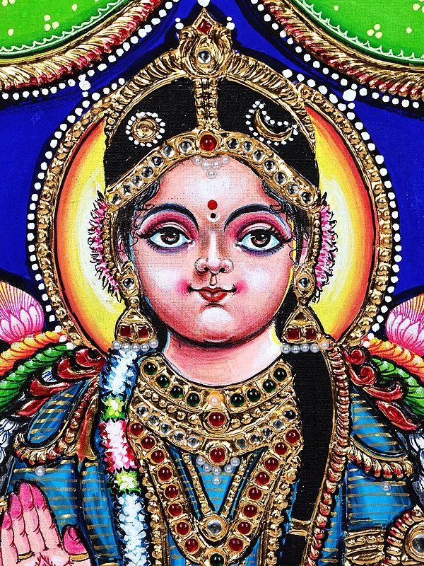 Exotic India Bala Tripura Sundari On Lotus | 24 Karat Gold Work | Tanjore Painting