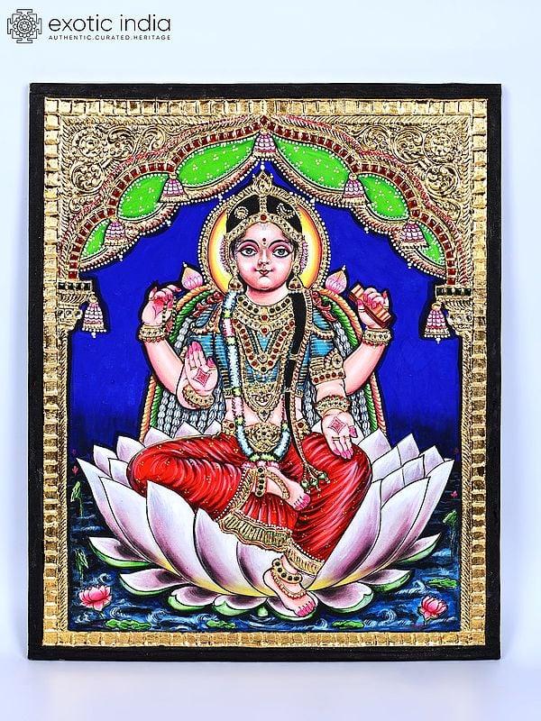 exotic india Bala Tripura Sundari on Lotus | 24 Karat Gold Work | Tanjore Painting 