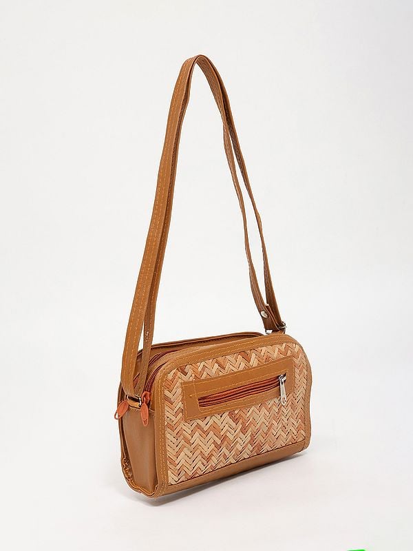 Exotic India Bamboo Sling Bag With Leather Border And Strap 