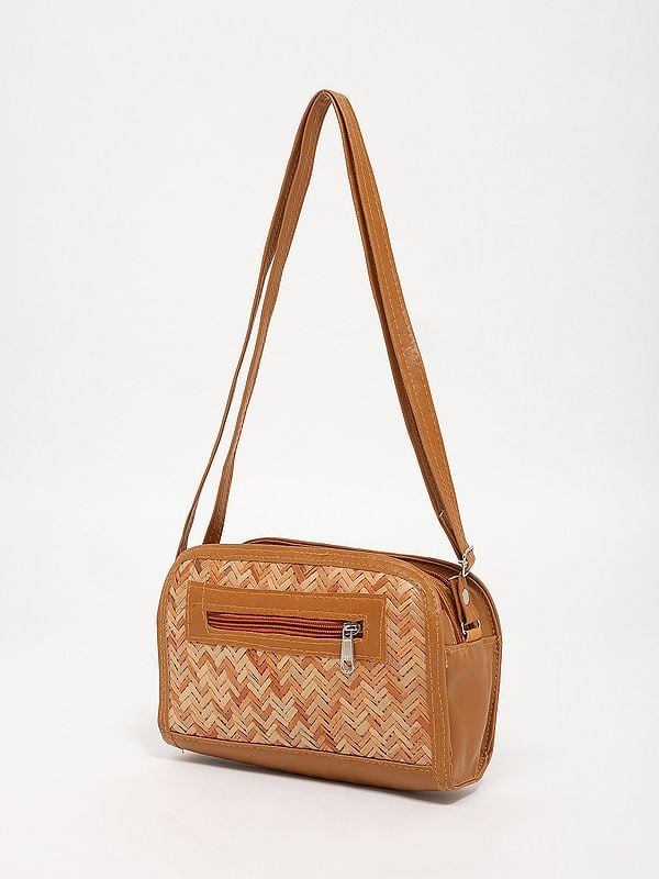 Exotic India Bamboo Sling Bag With Leather Border And Strap 