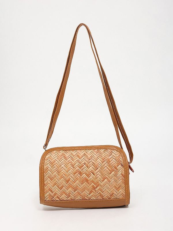 Exotic India Bamboo Sling Bag With Leather Border And Strap 