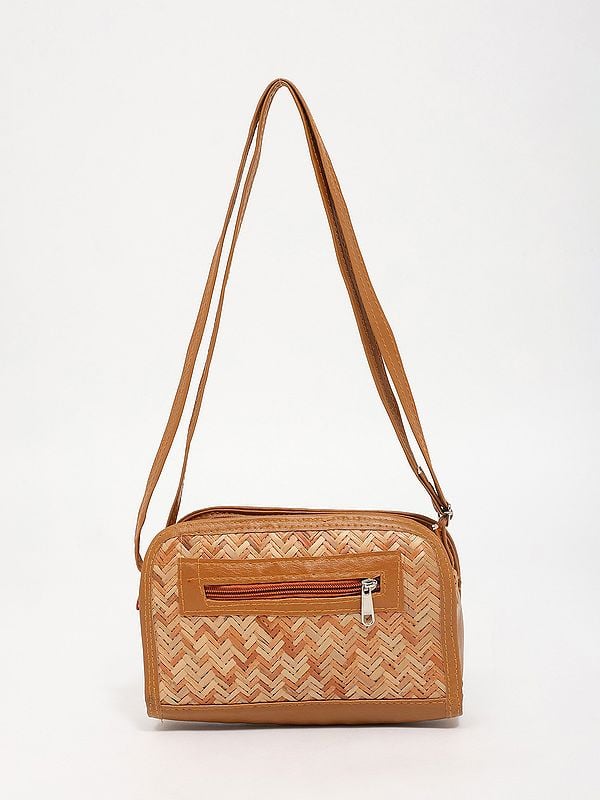 exotic india Bamboo Sling Bag with Leather Border and Strap 