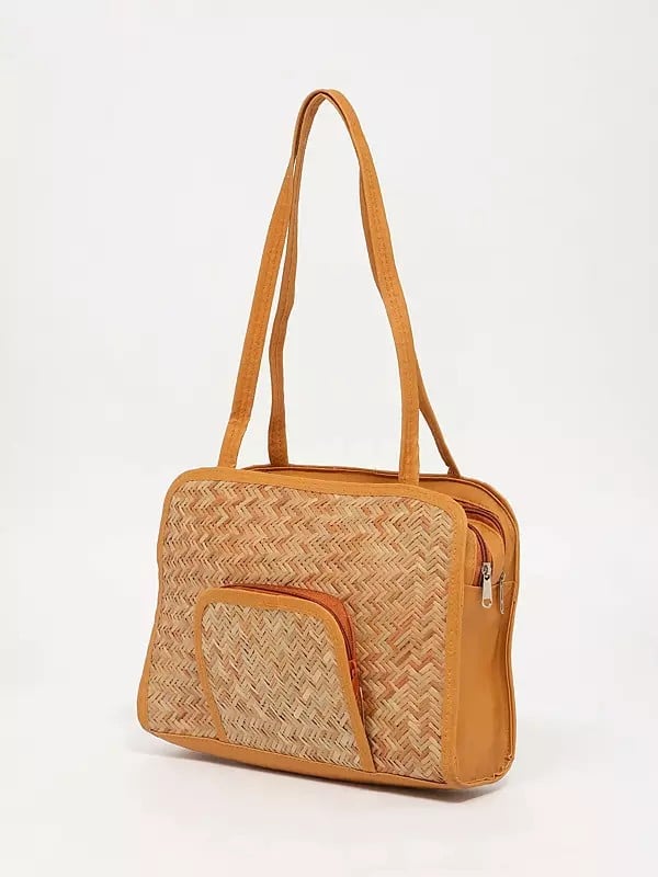 Exotic India Bamboo Stripe Handcrafted Zipper Closure Tote Bag 