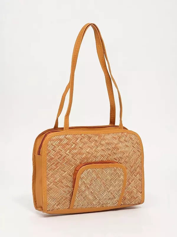 Exotic India Bamboo Stripe Handcrafted Zipper Closure Tote Bag 