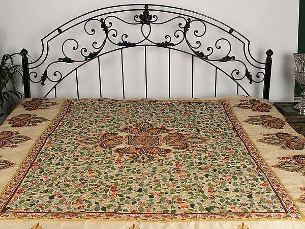 Exotic India Banana-Crepe Pure Tussar Kantha Bed Cover From Bengal With Multicolor Fine Mango-Floral Motif Embroidery That Takes An Year To Complete 