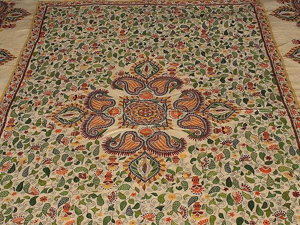 Exotic India Banana-Crepe Pure Tussar Kantha Bed Cover From Bengal With Multicolor Fine Mango-Floral Motif Embroidery That Takes An Year To Complete 