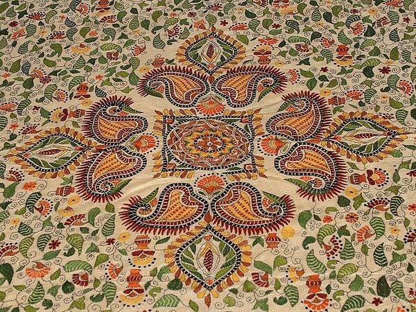 Exotic India Banana-Crepe Pure Tussar Kantha Bed Cover From Bengal With Multicolor Fine Mango-Floral Motif Embroidery That Takes An Year To Complete 