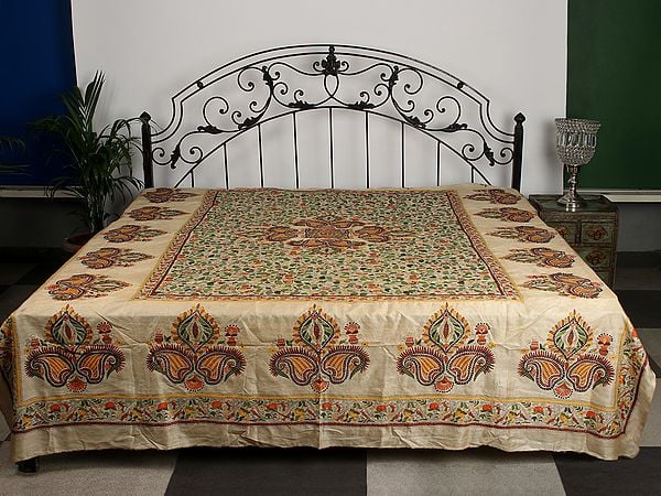 exotic india Banana-Crepe Pure Tussar Kantha Bed Cover From Bengal With Multicolor Fine Mango-Floral Motif Embroidery That Takes An Year To Complete 
