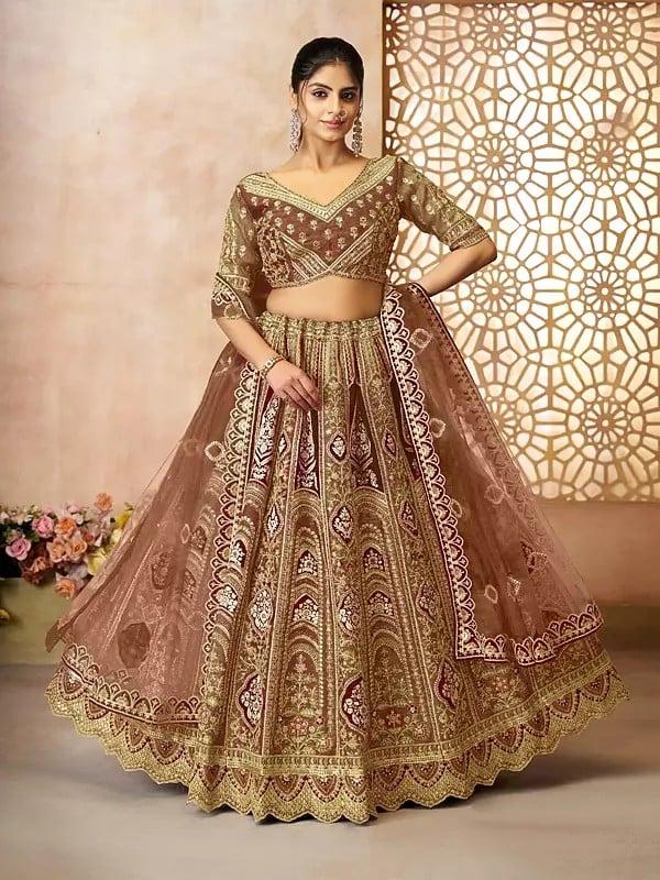 Exotic India Banarasi Silk Floral Ari Embroidery And Sequins Work Lehenga Choli With Net Dupatta For Wedding Occasion 
