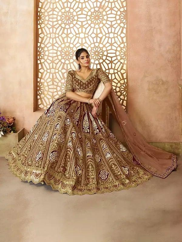 Exotic India Banarasi Silk Floral Ari Embroidery And Sequins Work Lehenga Choli With Net Dupatta For Wedding Occasion 