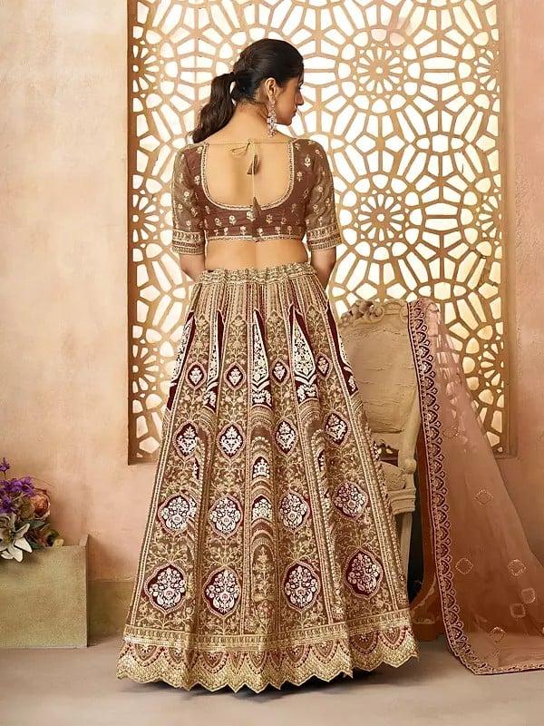 Exotic India Banarasi Silk Floral Ari Embroidery And Sequins Work Lehenga Choli With Net Dupatta For Wedding Occasion 