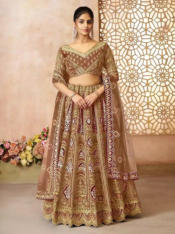exotic india Banarasi Silk Floral Ari Embroidery And Sequins Work Lehenga Choli With Net Dupatta For Wedding Occasion 