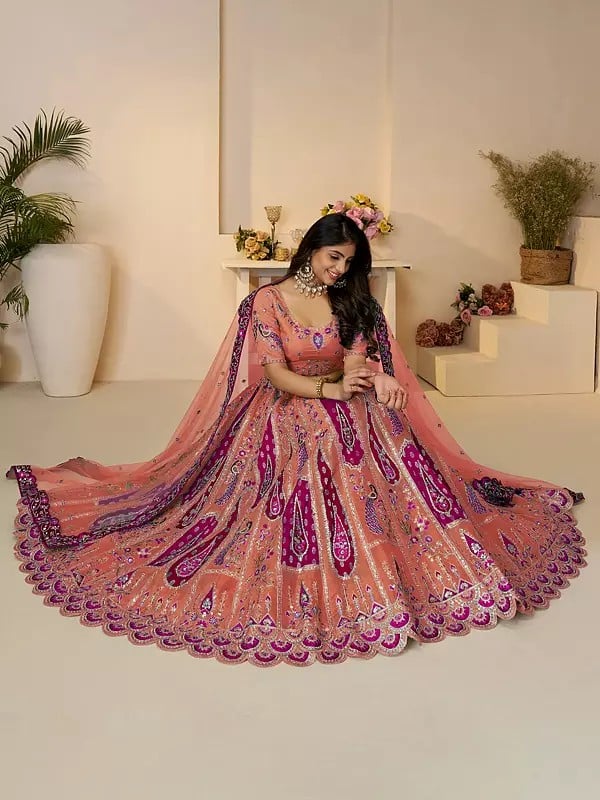 Exotic India Banarasi Silk Peacock Motifs Embroidery And Sequins Work Elegant Lehenga Choli With Soft Net Dupatta 
