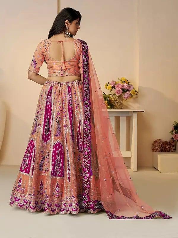 Exotic India Banarasi Silk Peacock Motifs Embroidery And Sequins Work Elegant Lehenga Choli With Soft Net Dupatta 
