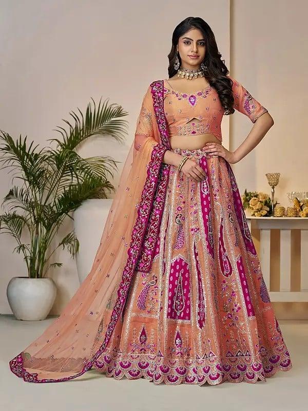 exotic india Banarasi Silk Peacock Motifs Embroidery And Sequins Work Elegant Lehenga Choli With Soft Net Dupatta 