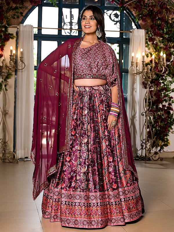 Exotic India Bandhani And Paisleys Motifs Printed Satin Elegant Lehenga Choli With Attractive Sequins Work Dupatta 
