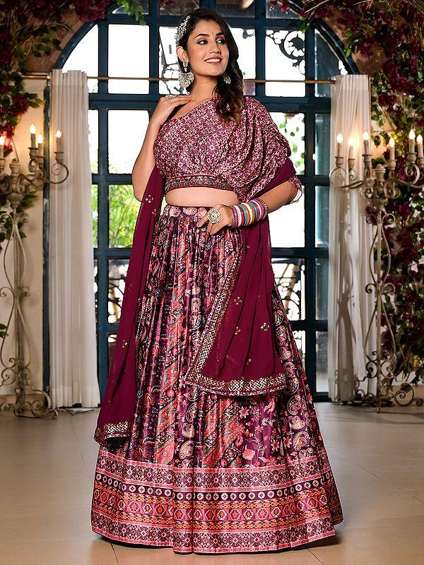 Exotic India Bandhani And Paisleys Motifs Printed Satin Elegant Lehenga Choli With Attractive Sequins Work Dupatta 