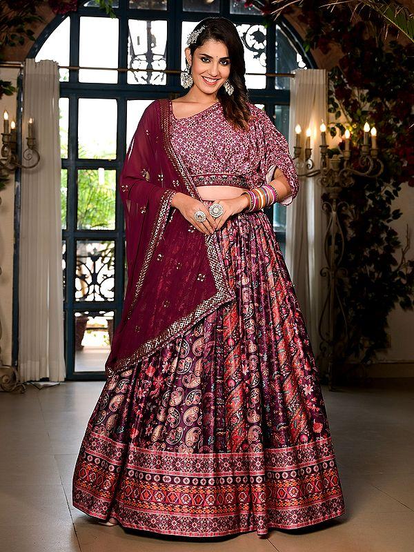 Exotic India Bandhani And Paisleys Motifs Printed Satin Elegant Lehenga Choli With Attractive Sequins Work Dupatta 