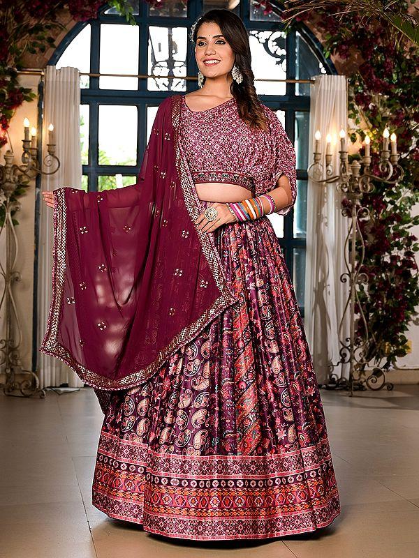 exotic india Bandhani And Paisleys Motifs Printed Satin Elegant Lehenga Choli With Attractive Sequins Work Dupatta 